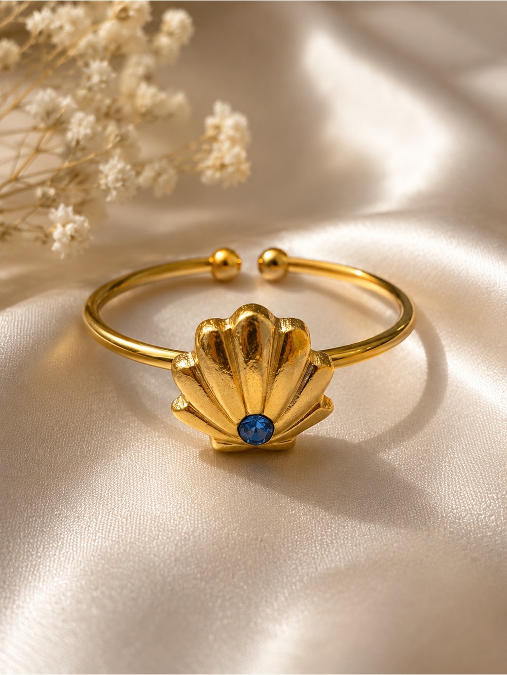 Gold Plated Shell Cuff Bracelet with Blue Stone